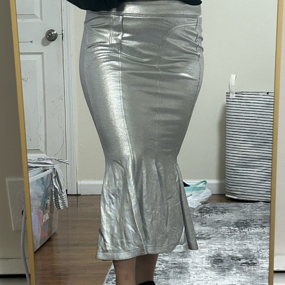 Norma Kamali Metallic Silver Midi Skirt